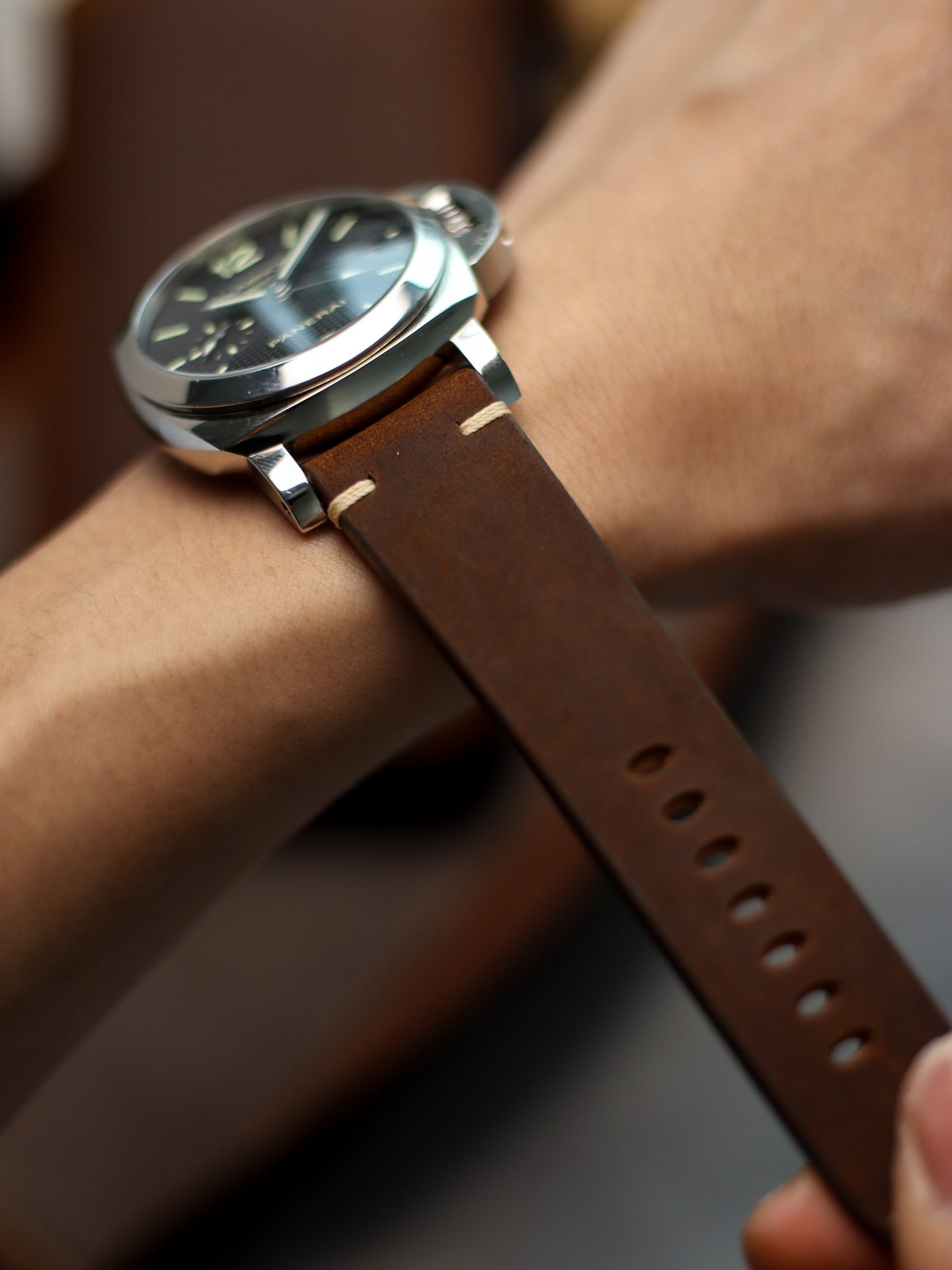 Dark Brown Waxy Panerai Wide (Point-Stitch) Strap