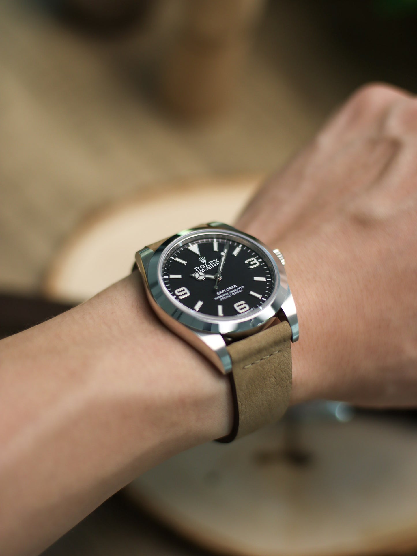 Taupe Brown Nubuck Row-Stitch Strap