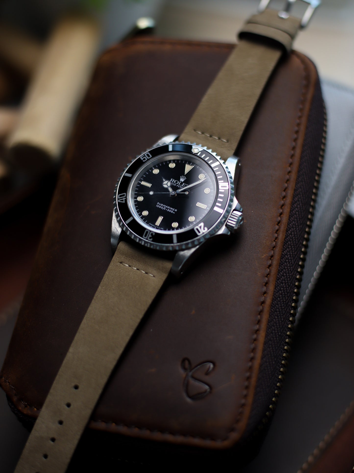 Taupe Brown Nubuck Row-Stitch Strap